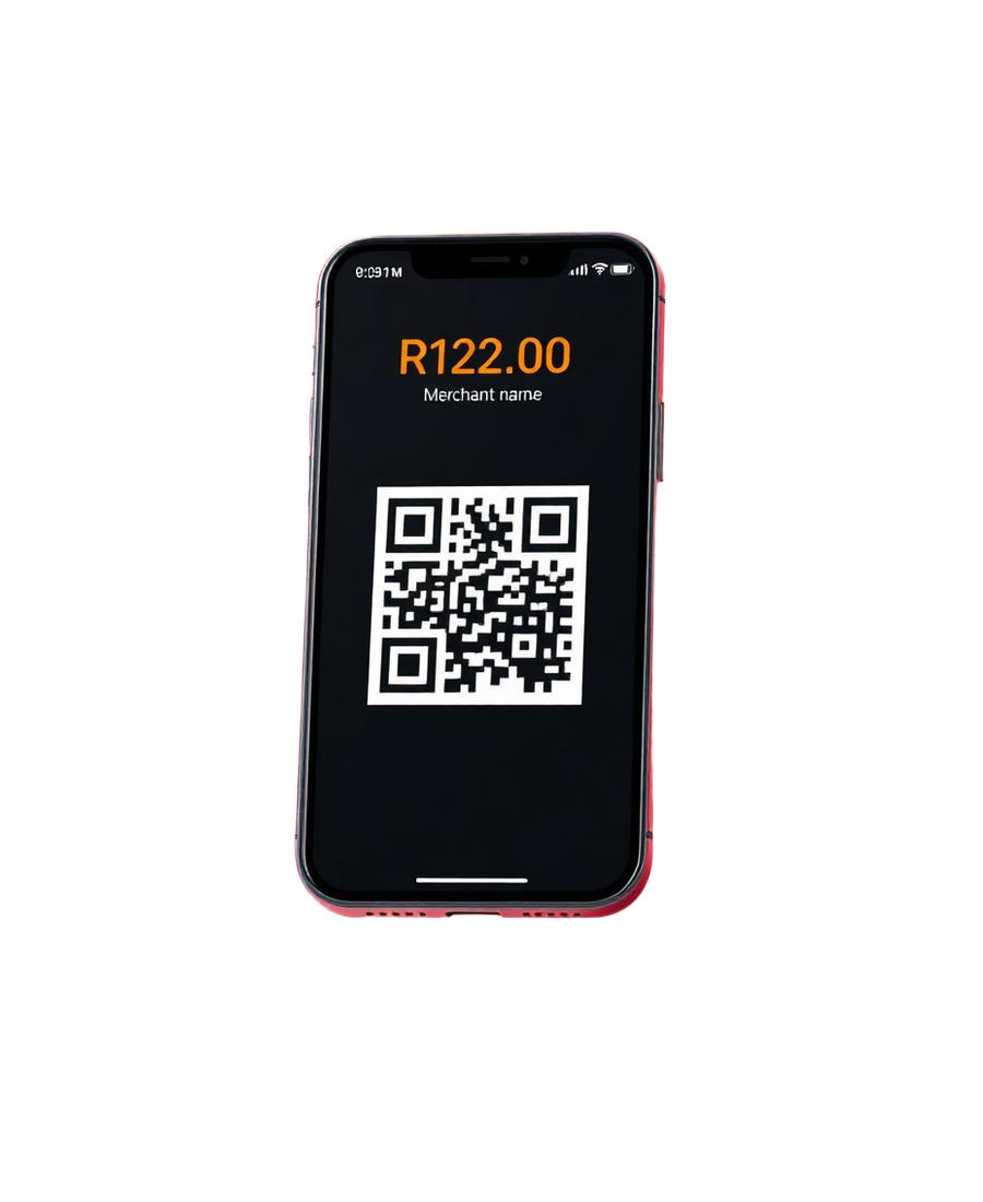 Phone displaying a QR code with an amount in rand